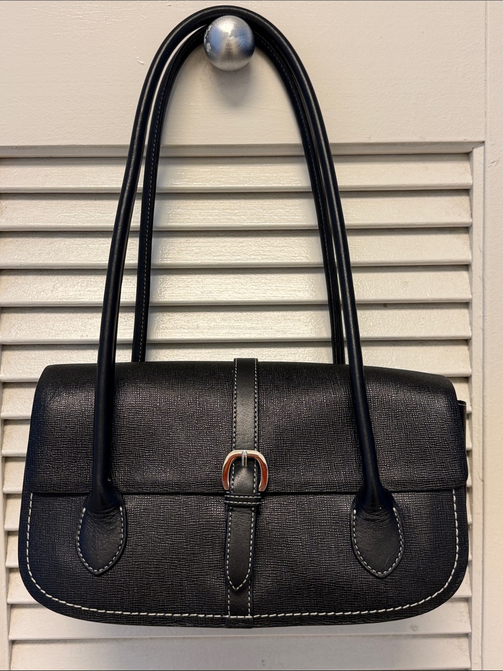 Black Textured Shoulder Bag with Silver Buckle